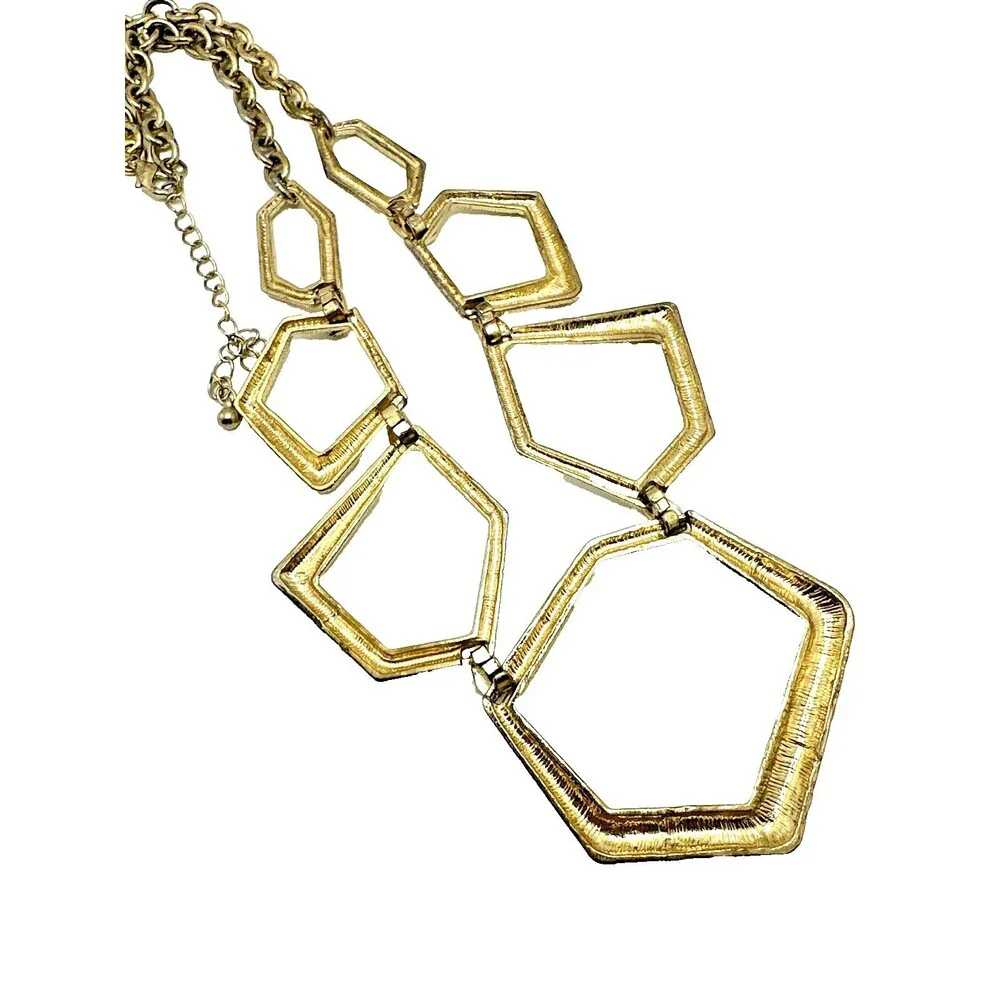 Geometric Link Bib Necklace Textured Gold Tone Modernist Statement 16